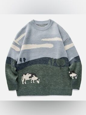 EUC Aelfric Eden Multicolor Cow Pasture Graphic Knit Pullover Sweater Size Large